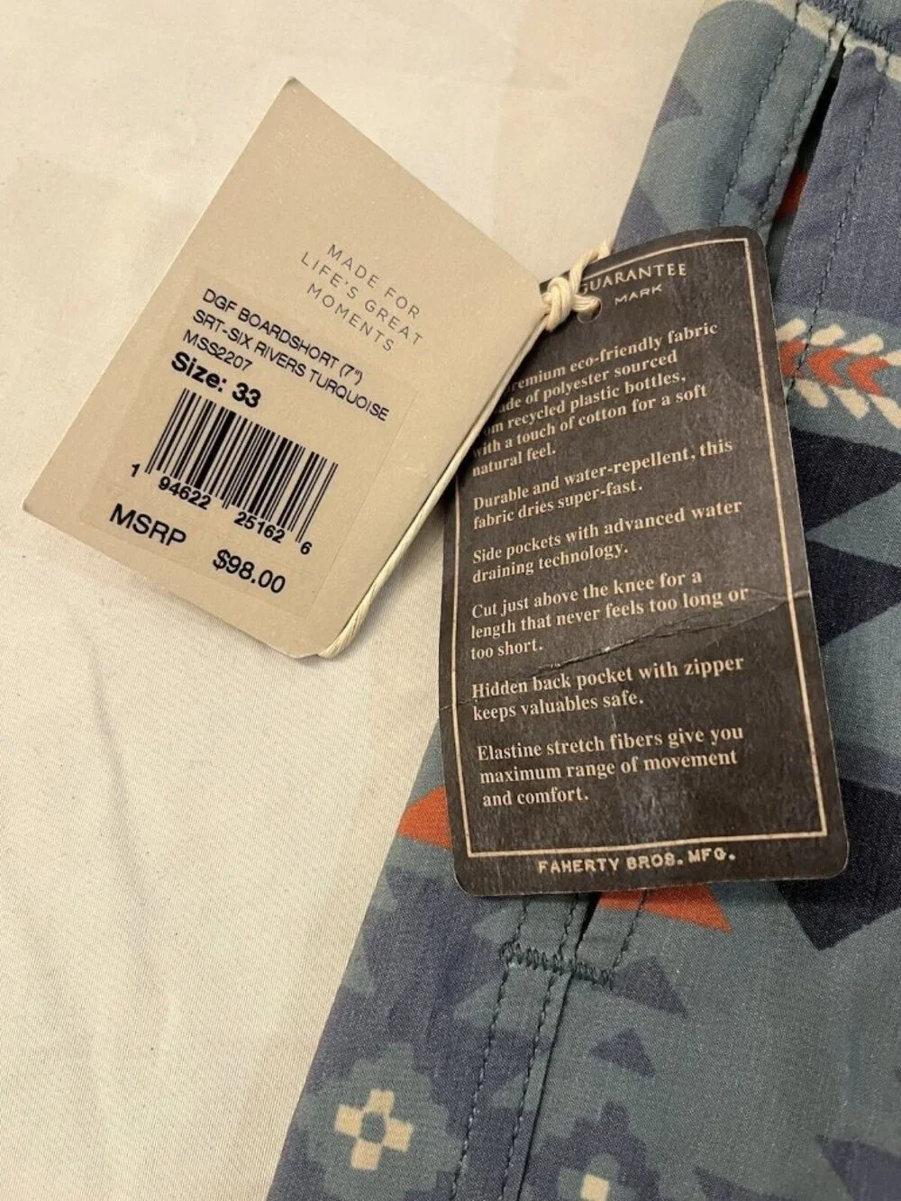 Faherty Doug Good Feather Boardshort 7” Six Rivers Turquoise Men’s 33 NWT